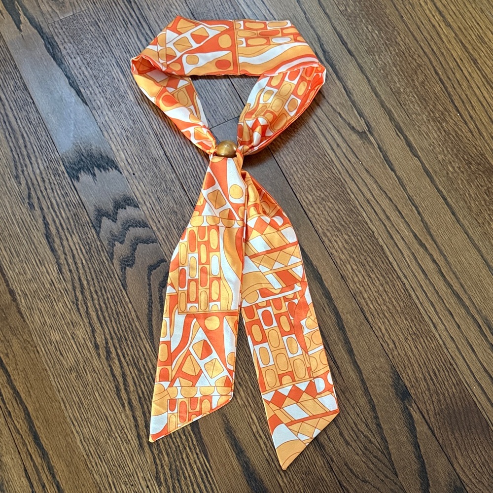 B28 Women Mid Century Modern Vintage Orange Geometric Scarf Tie